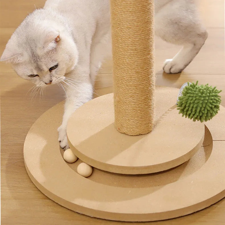 Vertical cat climbing frame with hemp rope wrapped around a density board core and chamfered grab columns.