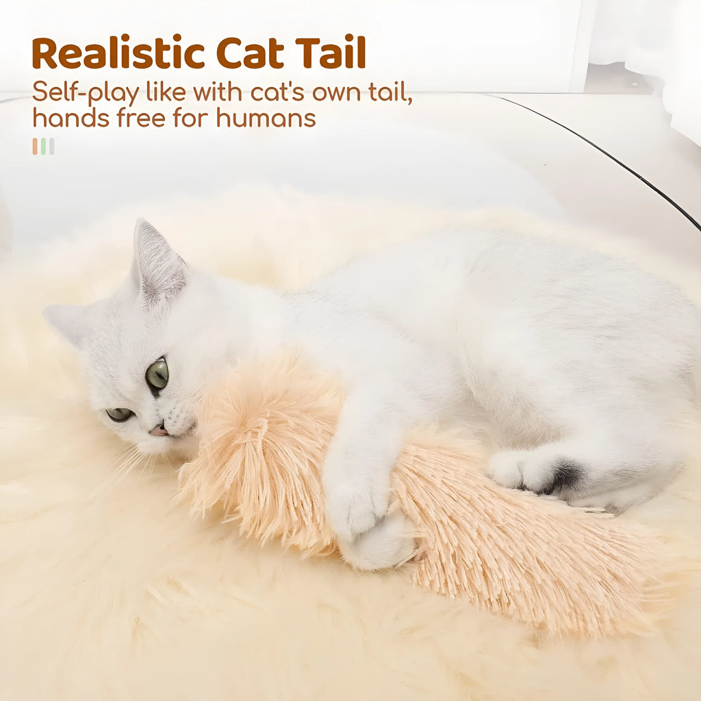 Blue, green, pink, and white plush cat toy pillow measuring 27cm by 10cm.