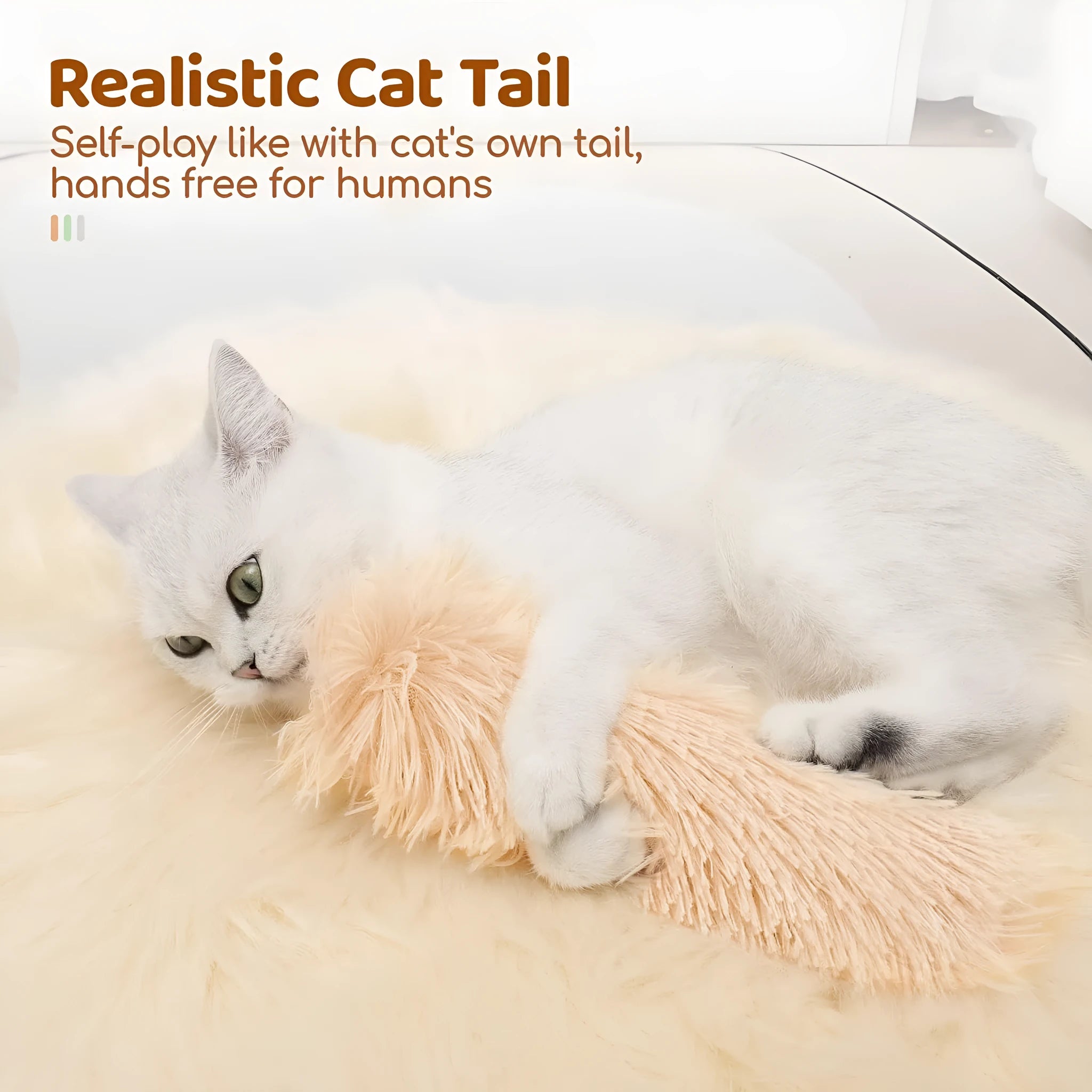 Blue, green, pink, and white plush cat toy pillow measuring 27cm by 10cm.