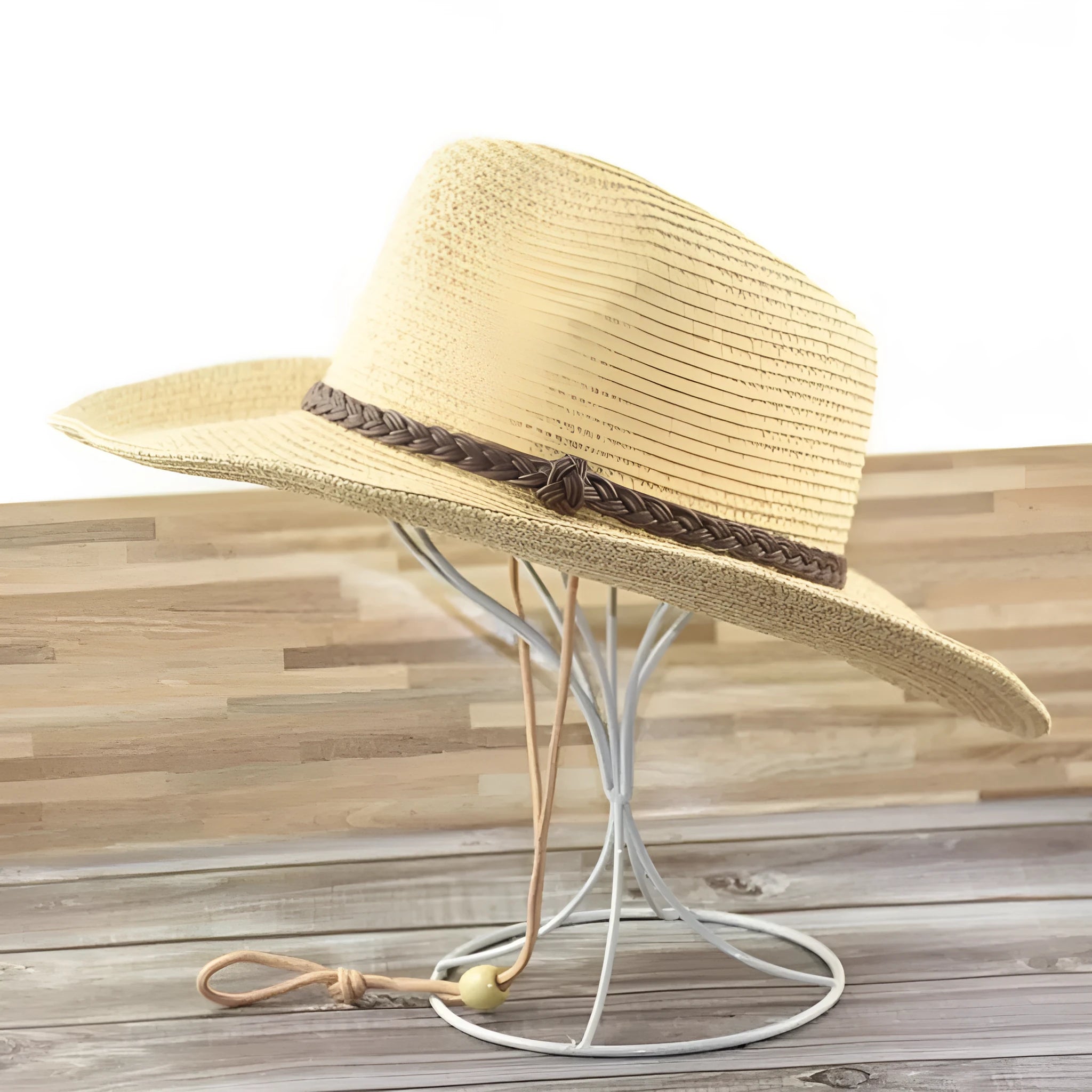 Men's foldable straw sun hat with wide brim shown in beige colour