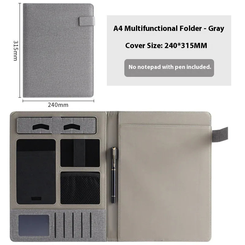 Leather A4 business folder in black, open to show interior with optional pen and notepad.