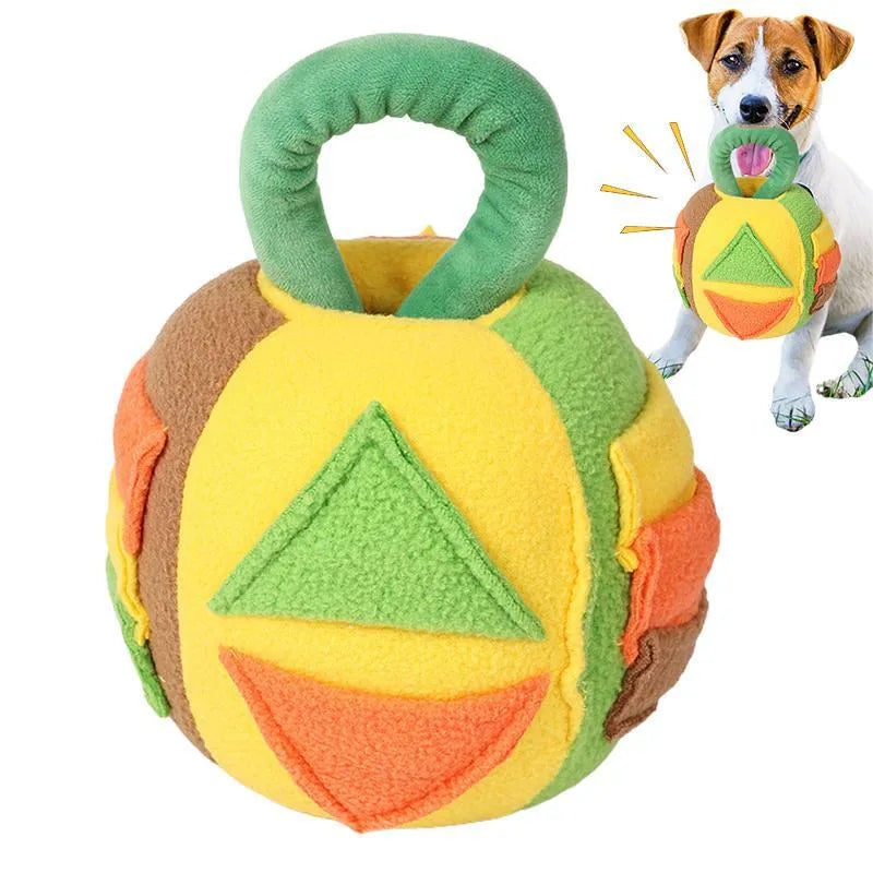 Green and pink dog plush ball toy with treat pockets and squeaker for small medium breeds