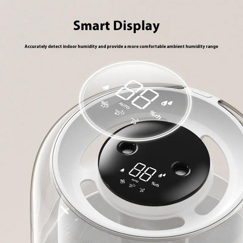 Beige round USB humidifier with dual spray nozzles, night light, and humidity display