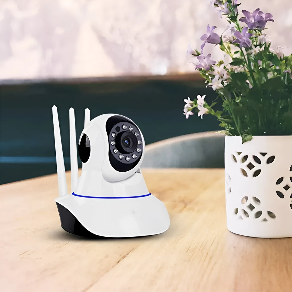 White dome-style wireless security camera with 2MP HD resolution and 3.6mm lens for indoor/outdoor use