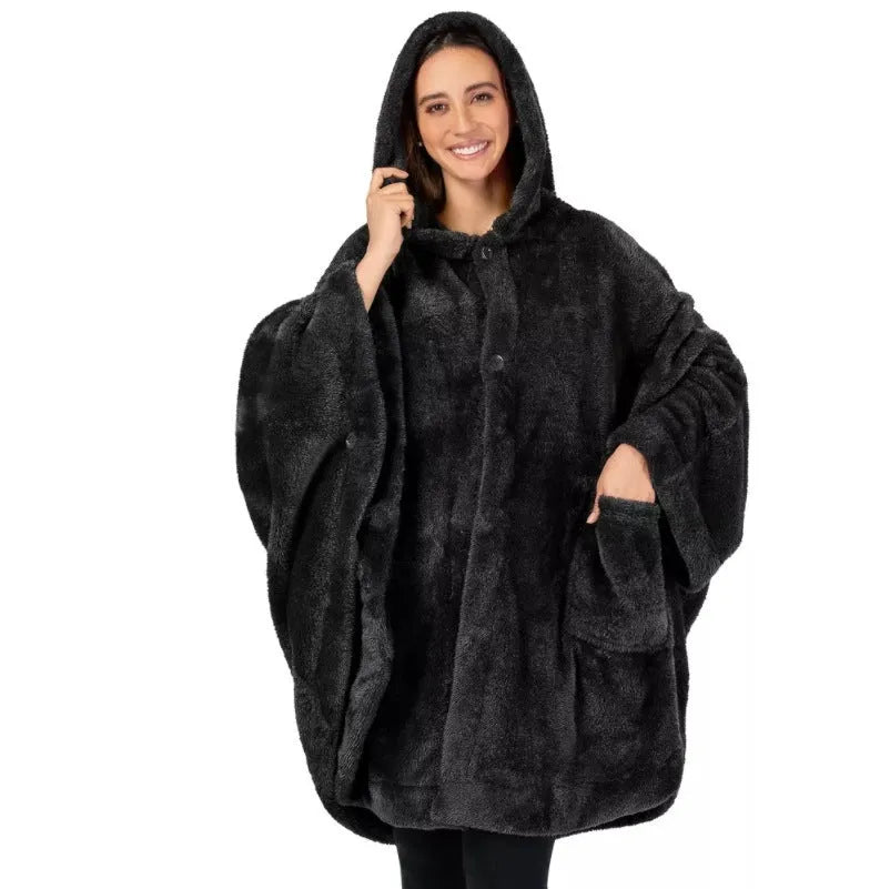 Thickened hooded cloak bathrobe in polyester fabric with cardigan-style front opening