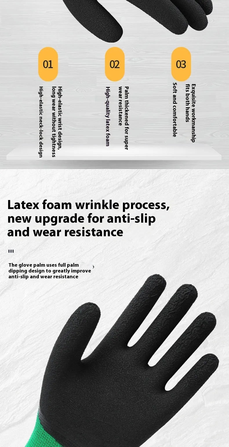 Black and green rubber work gloves for wear-resistant, non-slip hand protection on construction sites and gardens.