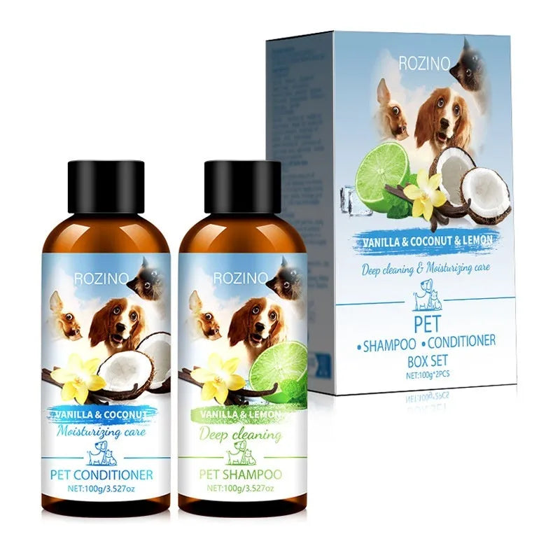 Pet wash nursing suite shampoo and conditioner set in two plastic bottles with labels