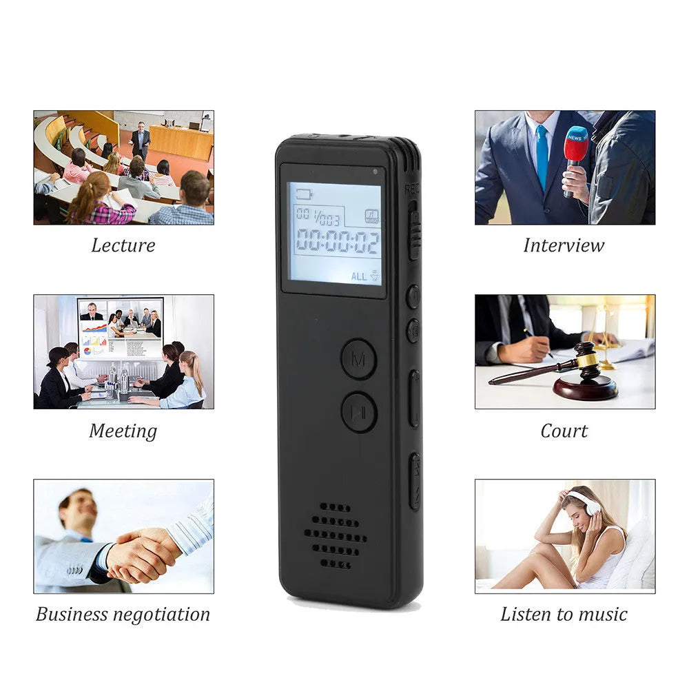 Matte black MP3 digital voice recorder showing screen, one-key recording button, and 3.5mm jack.