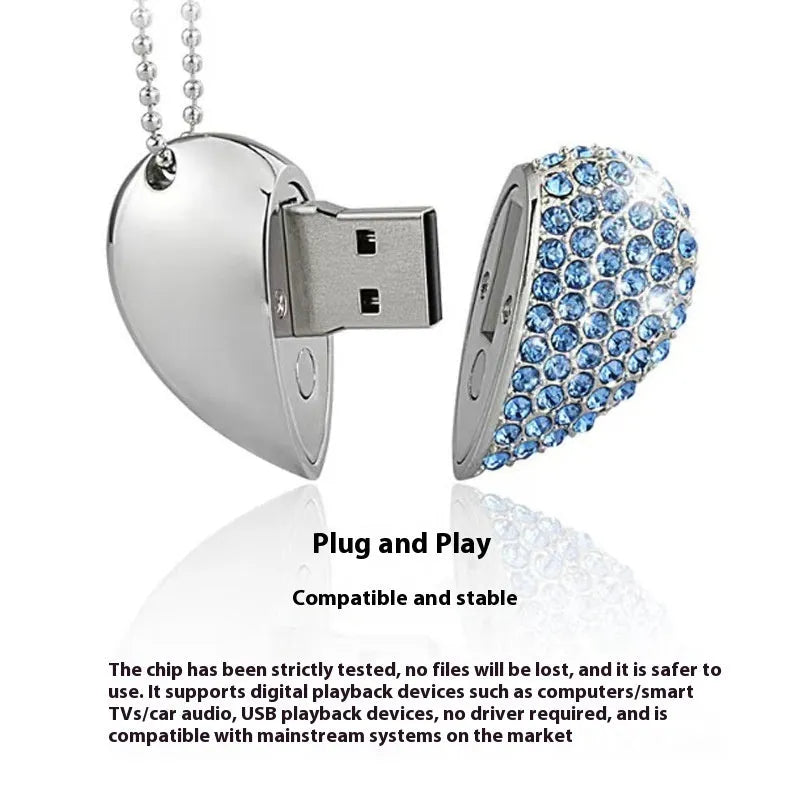 Brick-inlaid heart-shaped metal USB flash drive showing colour options and compact dimensions