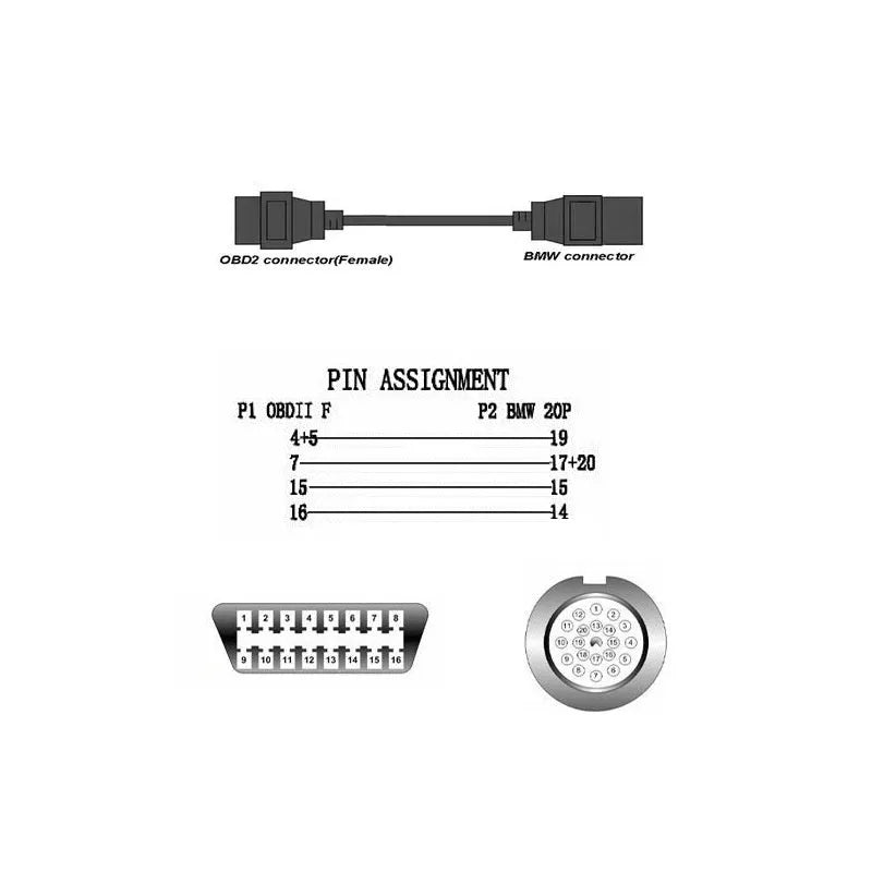 OBD2 BMW 20 pin to 16 pin diagnostic connector adapter cable isolated on white background.