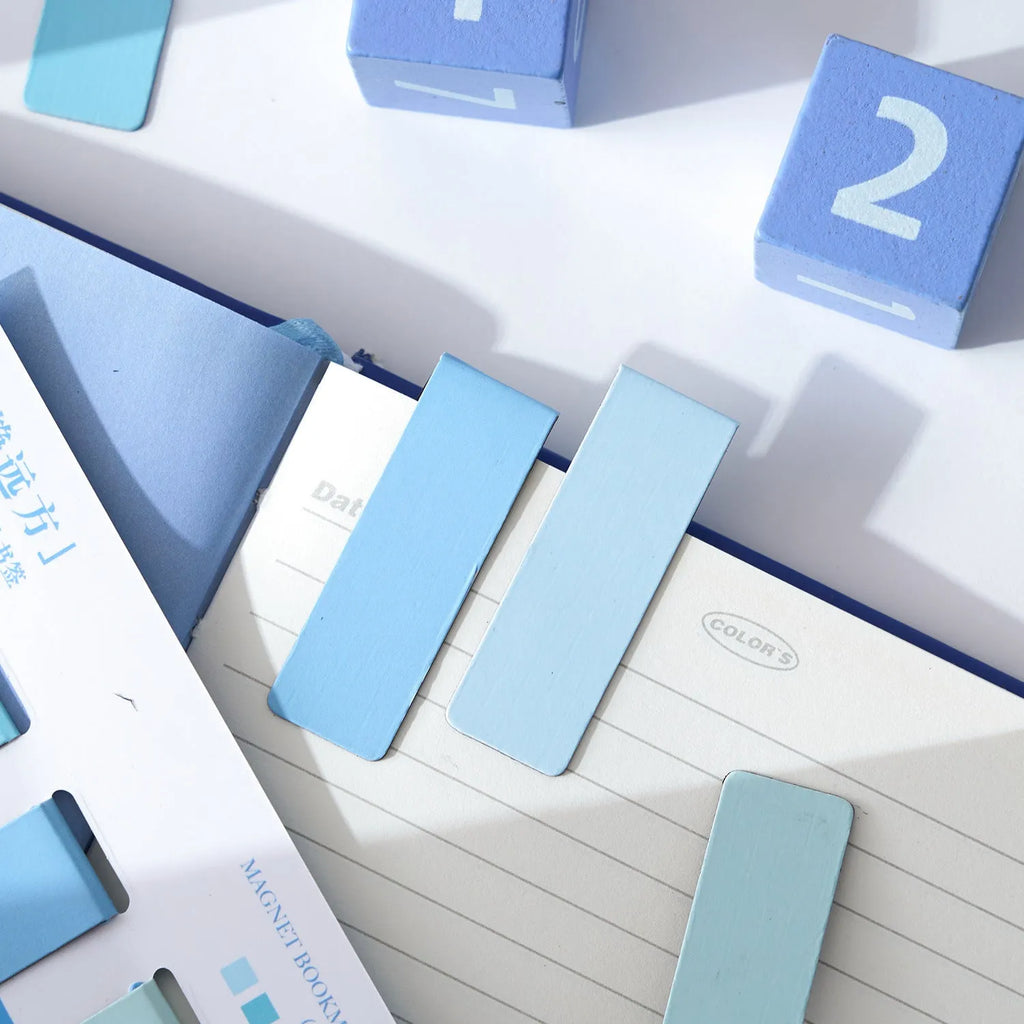 Four magnetic bookmarks in Morandi colour block designs showing different colour variations