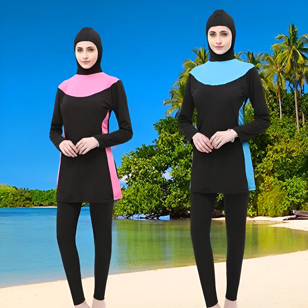 Conservative black women's hooded swimsuit with long sleeves, shown as a two-piece set.