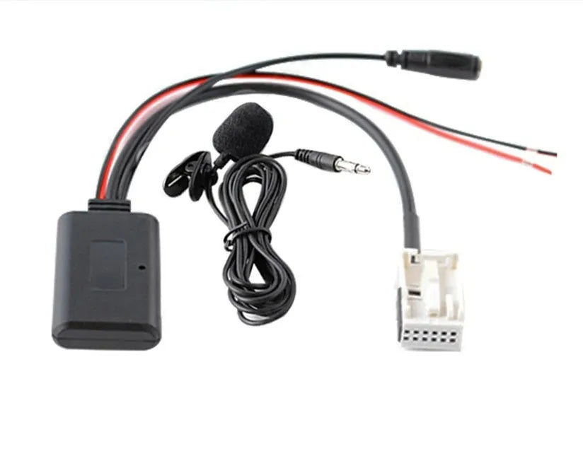 Bluetooth AUX audio cable kit for Peugeot and Citroen RD4 car stereos with separate microphone.