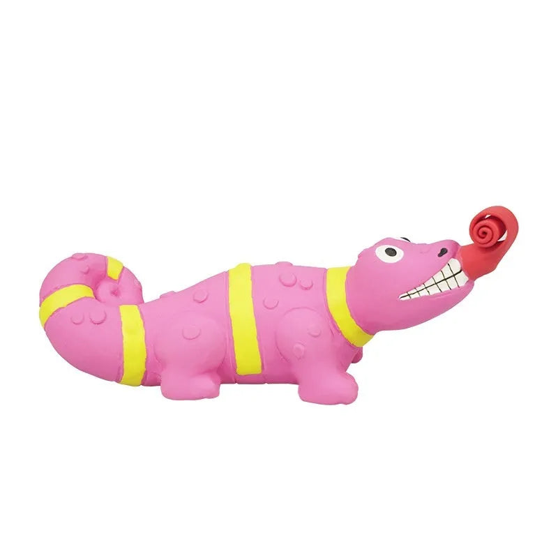 Latex tongue-sticking lizard sounding toy in crocodile colour on white background