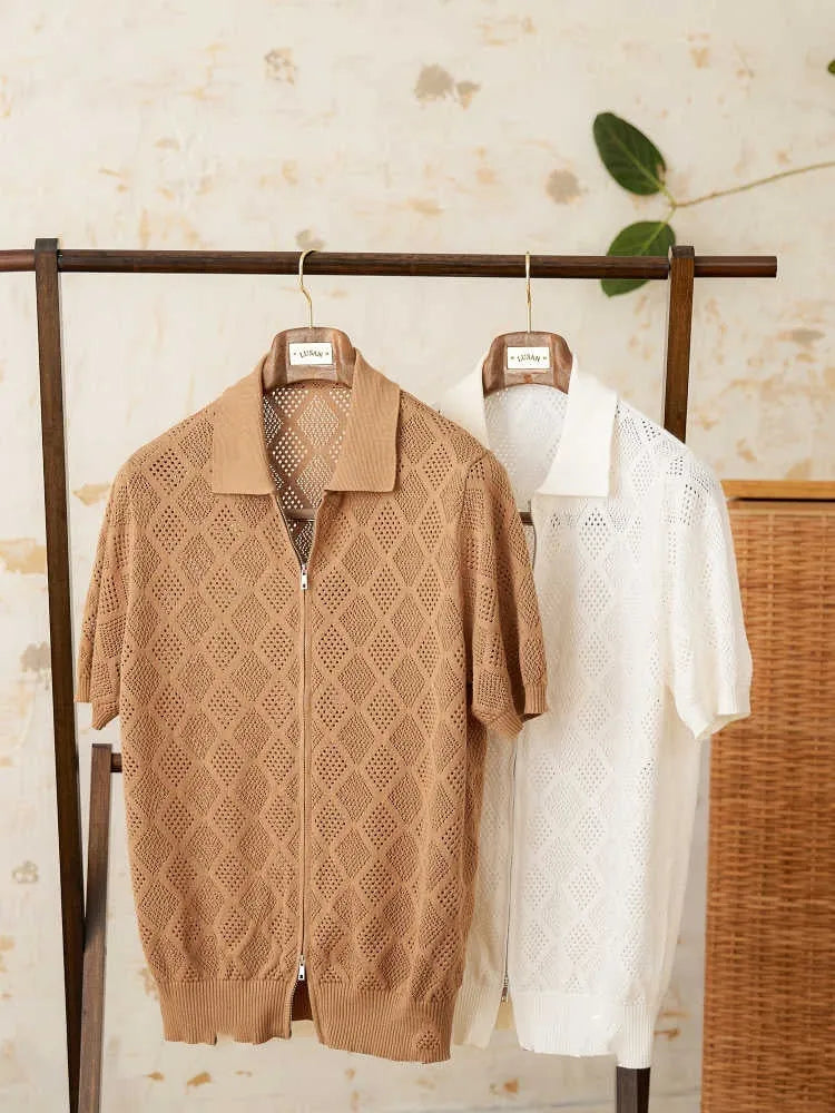 Light coffee coloured cotton cardigan with zip front closure and lapel collar showing short sleeve design