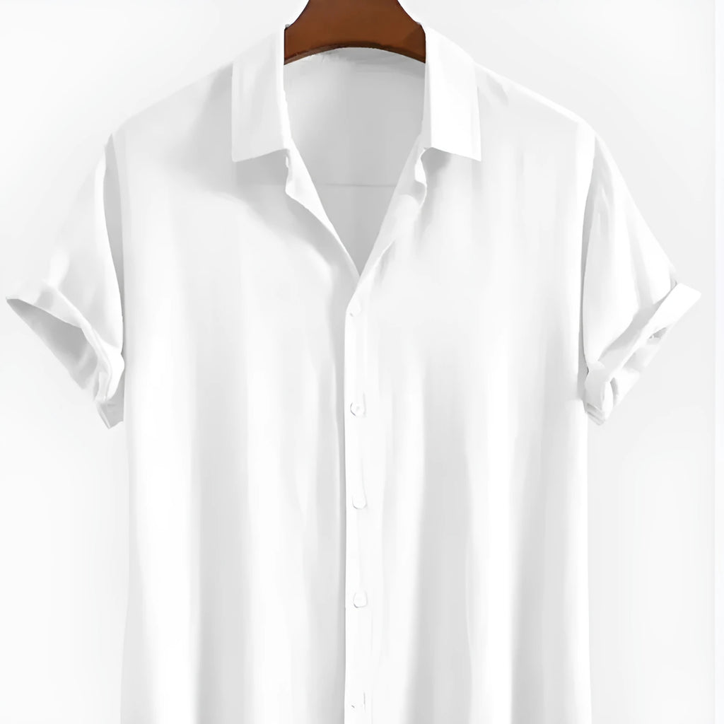 Men's loose-fit short sleeve cardigan in polyester fabric shown in solid colour options