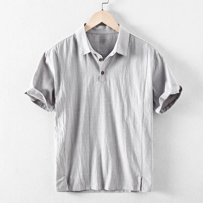 Men's loose fit linen cotton blend casual shirt in solid colours on a hanger.