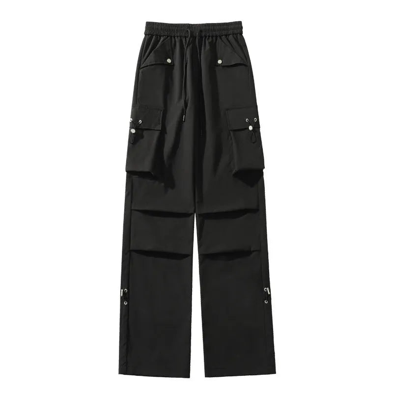 Plus size black waterproof loose straight-leg trousers with drawstring waist on hanger