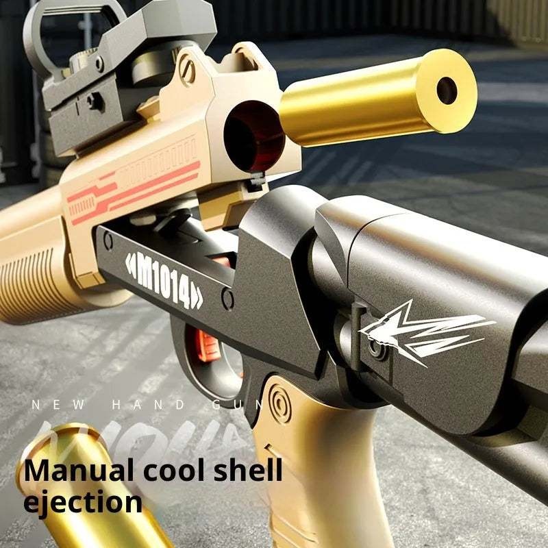Folding throw shell XM1014 soft bullet toy gun in sand colour with manual launch mechanism, ABS material