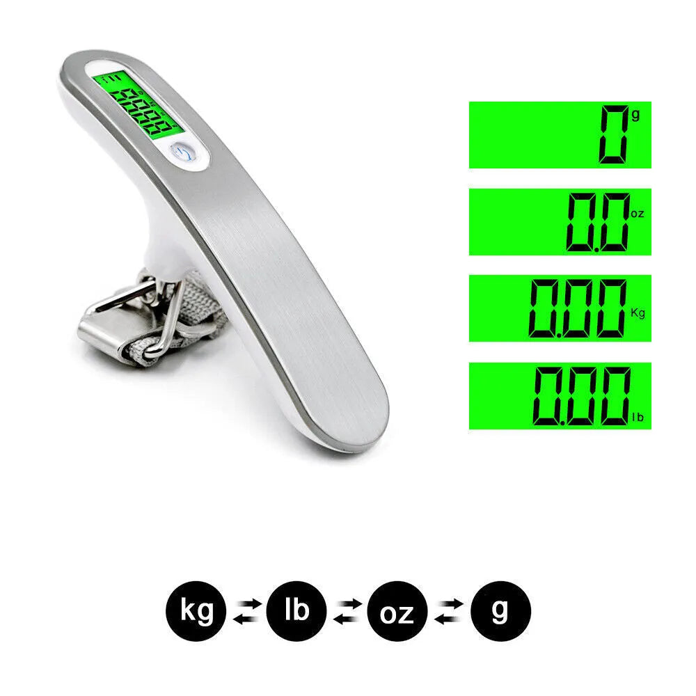 Portable silver LCD digital luggage scale with belt and backlit display showing weight in kg