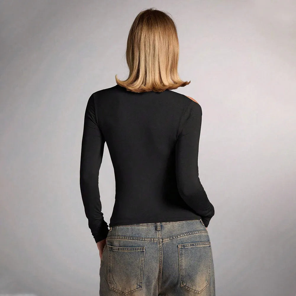 Black women's halter top with long sleeves and a slim fit silhouette.