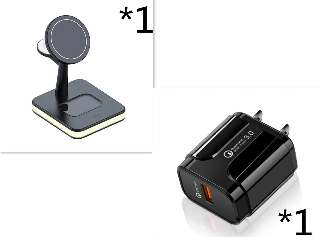 3-in-1 wireless charger magnetic bracket charging smartphone, watch, and earbuds on a desk