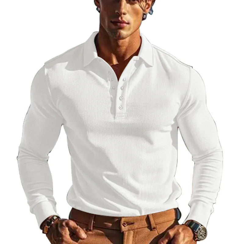 American men's waffle polo collar button long sleeve slim-fit T-shirt in solid colour white on model