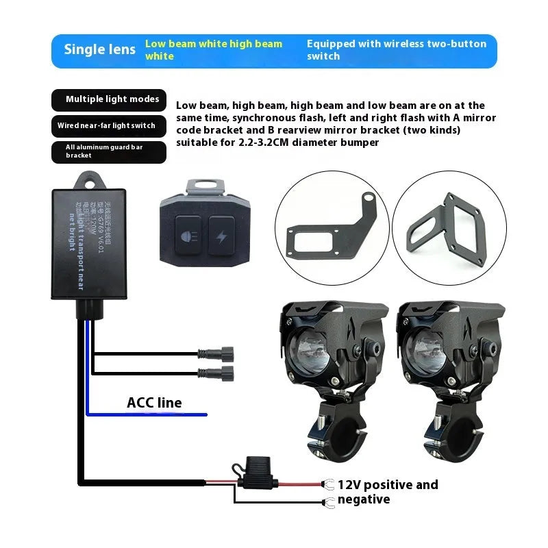LED motorcycle spotlights with wireless remote control and mounting brackets