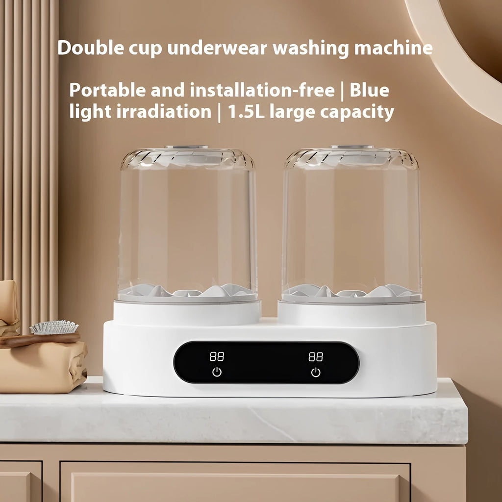 White double bucket portable mini washing machine with USB cable.