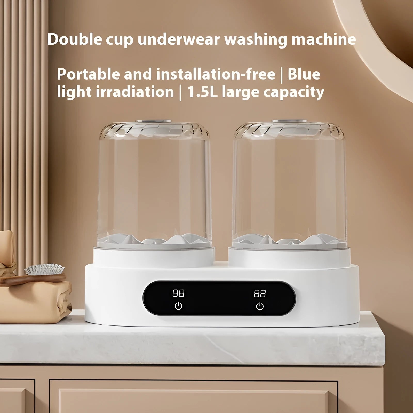 White double bucket portable mini washing machine with USB cable.