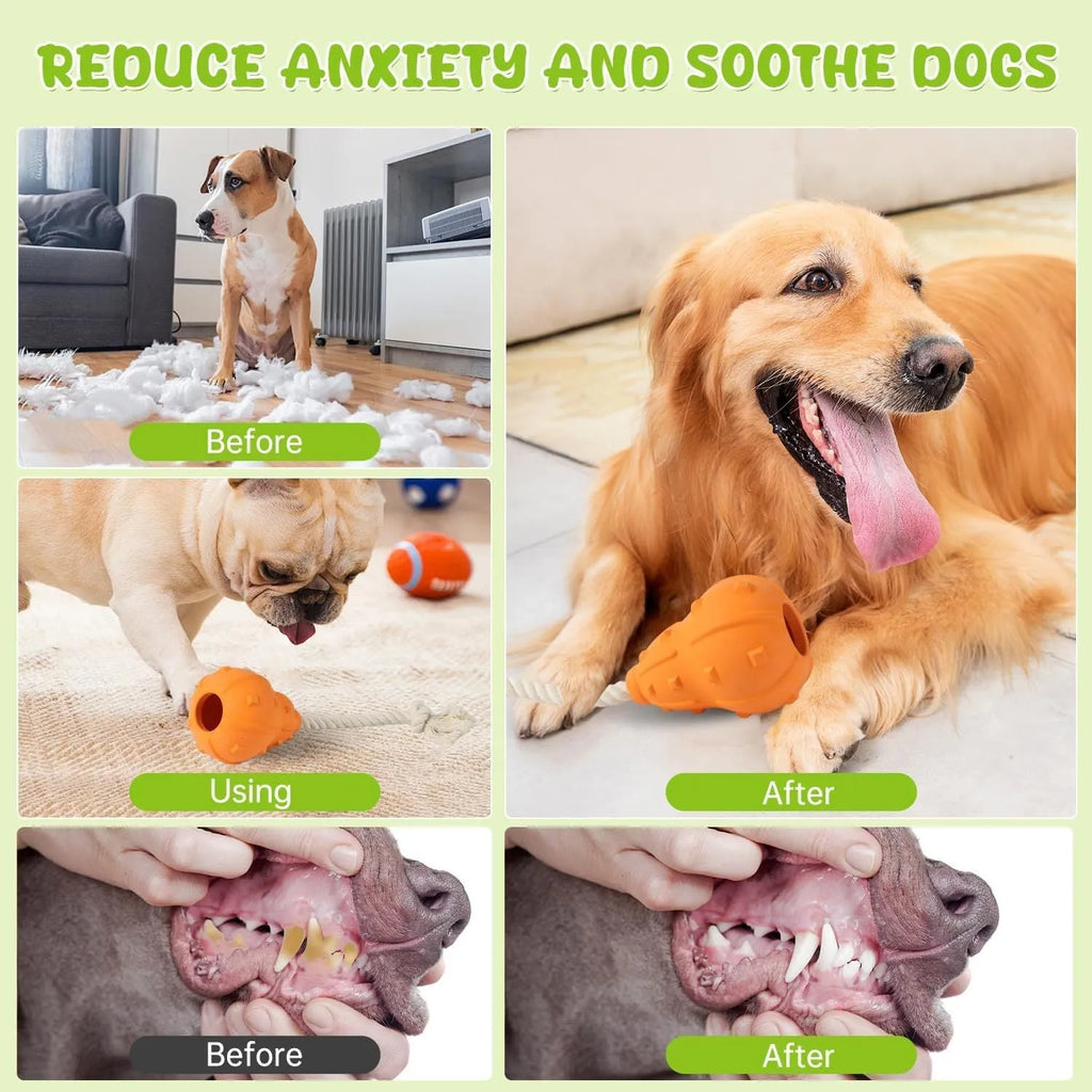 Natural rubber stuffable dog chew toy with longer strap for fetch and treat dispensing.