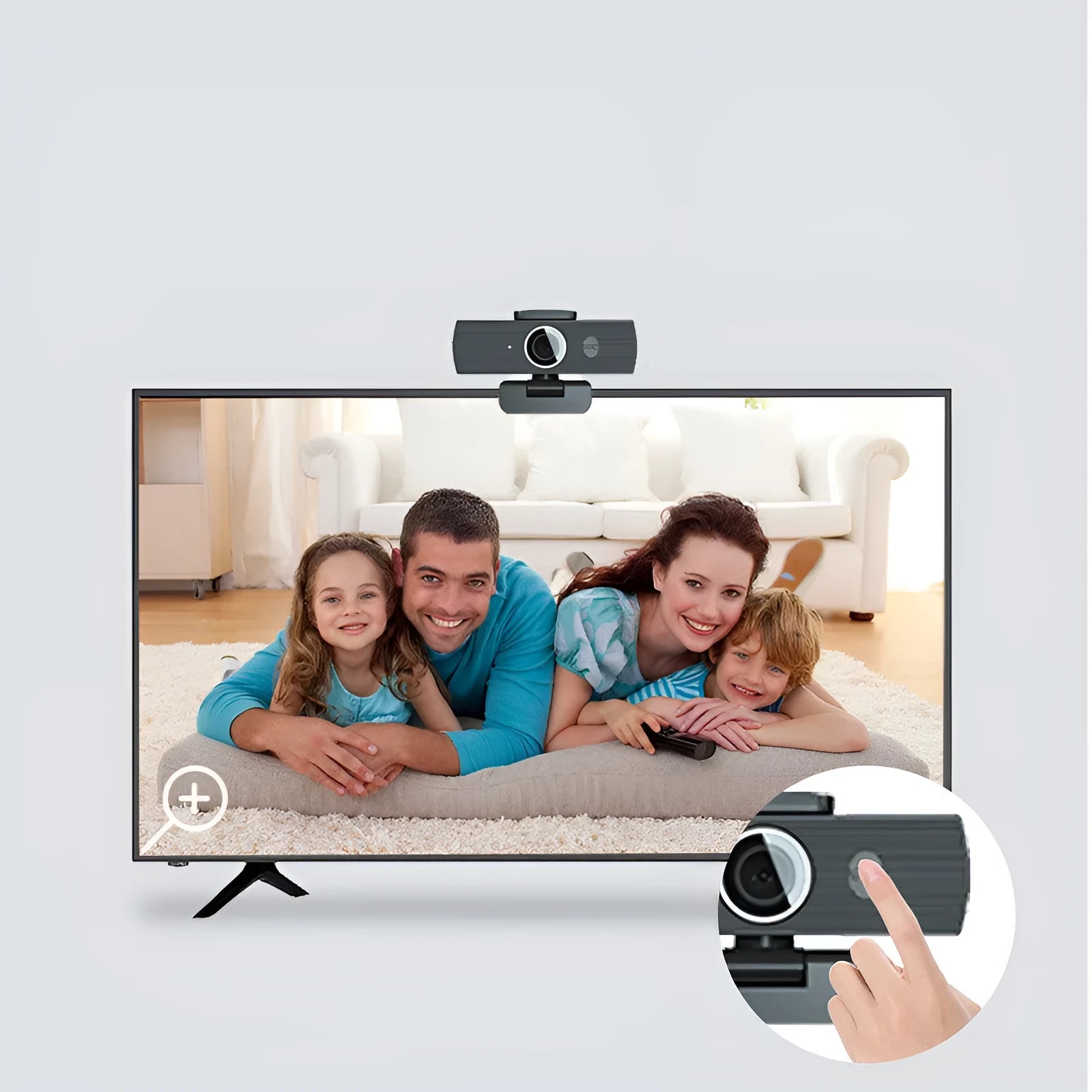 Black 8MP USB webcam with auto focus and a magnetic privacy cover on a desktop monitor.
