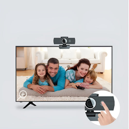 Black 8MP USB webcam with auto focus and a magnetic privacy cover on a desktop monitor.