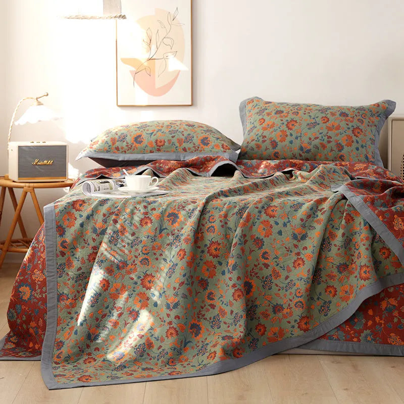 Cotton gauze bed blanket and pillowcase set with botanical plant and flower pattern design