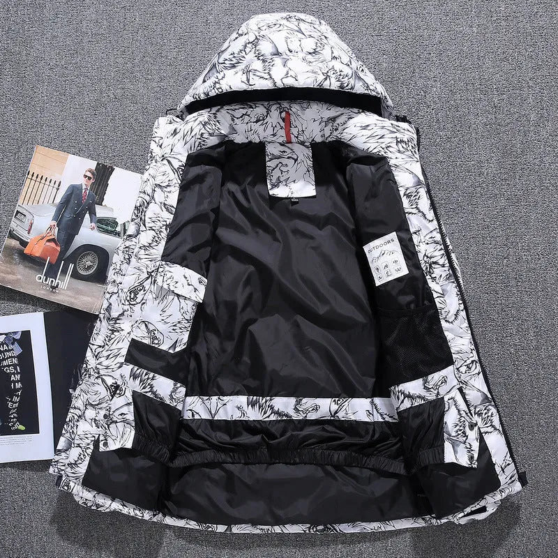 Men's thickened down jacket in black, white duck down filling, loose fit, lapel collar, zipper front