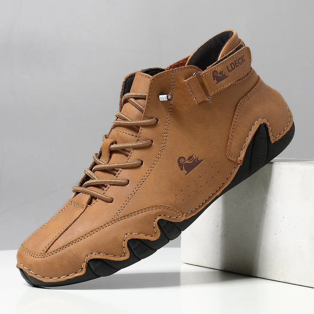 High top men's casual shoes in khaki colour with microfiber upper and rubber sole