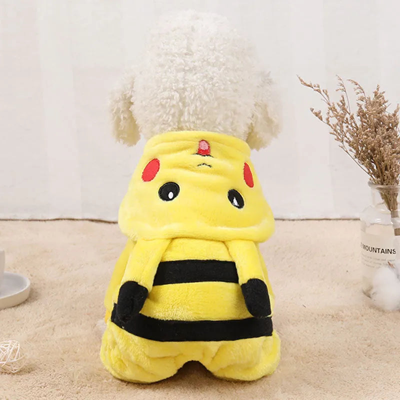 Fleece cat winter coat with hood in cartoon pattern for small to medium pets