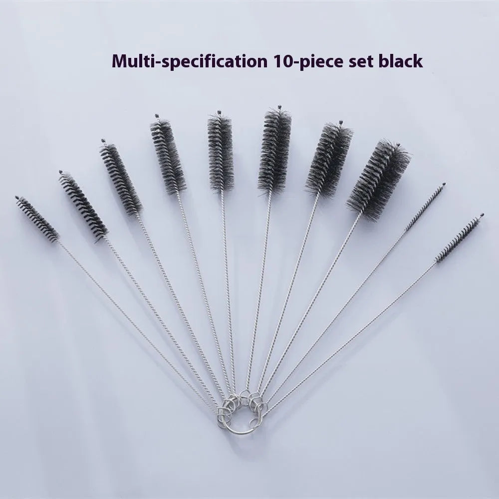 Nylon cleaning brush set with stainless steel handle for reusable straws, black and white options