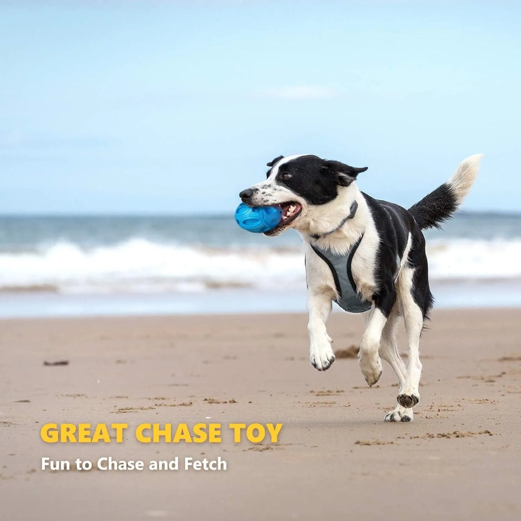 Blue green orange rubber squeaky chew ball dog toy with surface grooves for medium large breed aggressive chewers