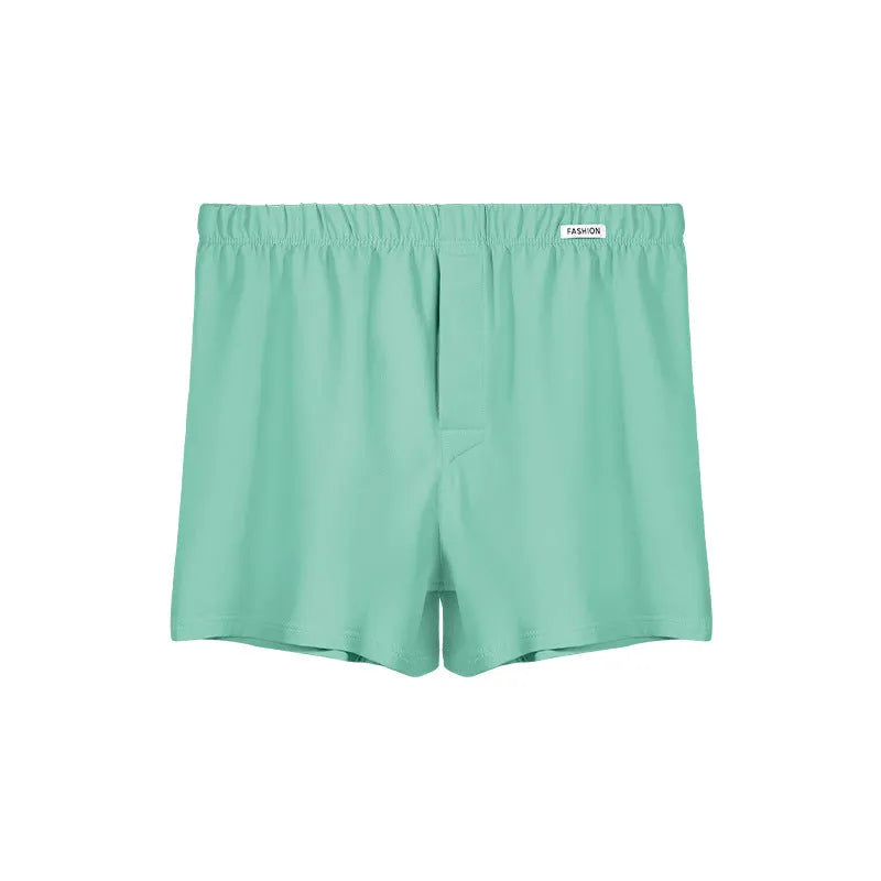 Men's loose-fitting cotton boxer shorts in solid colours: gold, green, sea blue, light grey with mid-waist design