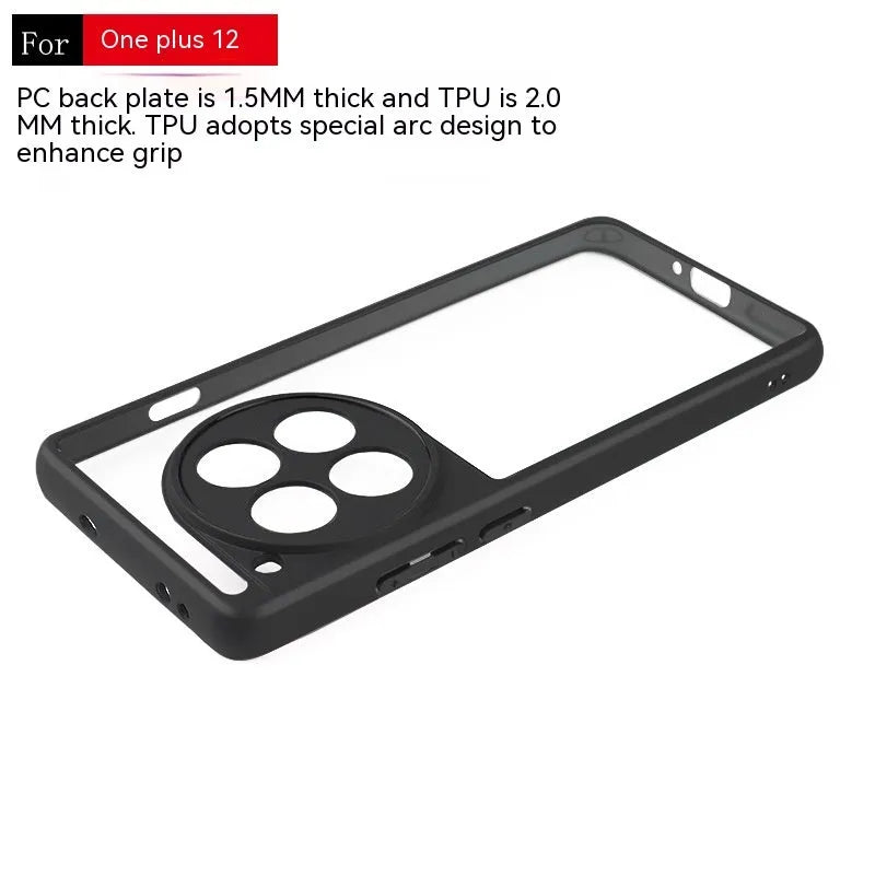 Transparent PC TPU frosted phone case with black border for OnePlus, showing corner airbags and camera cutout