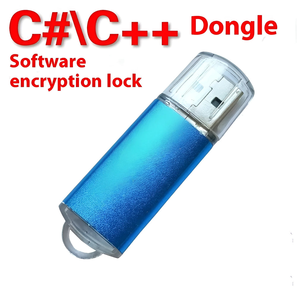 Software encryption USB dongle with metal shell in multiple colours including black, blue, and red.