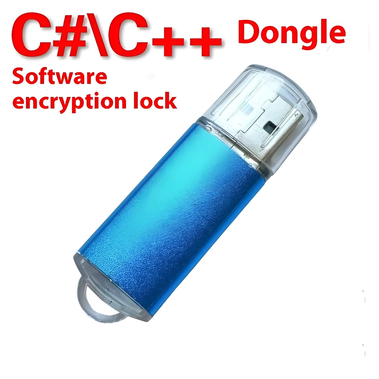 Software encryption USB dongle with metal shell in multiple colours including black, blue, and red.