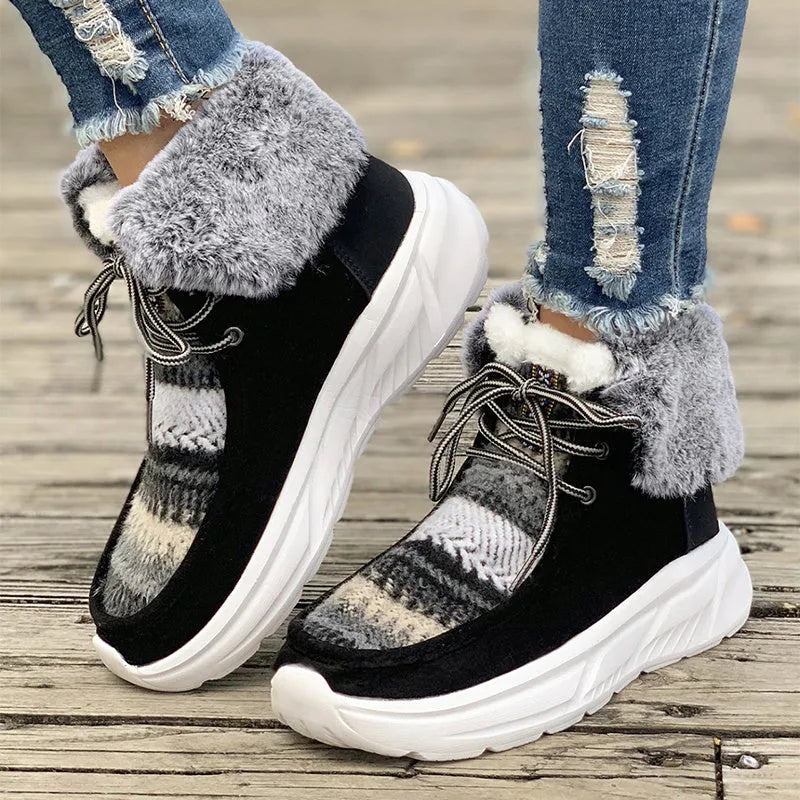 Women's lace-up snow boots in beige with thermal plush lining and rubber soles
