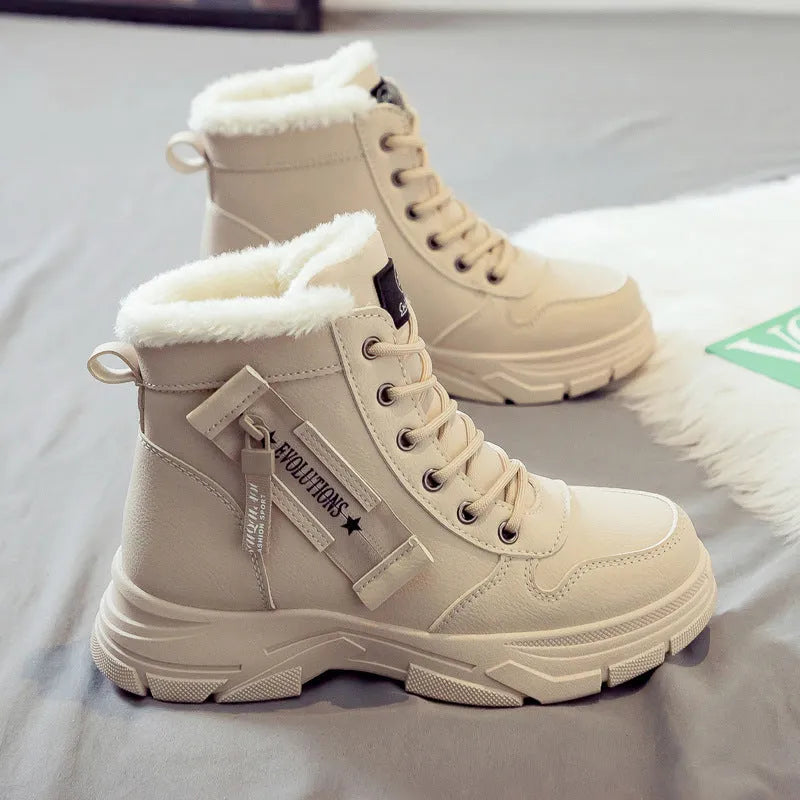 Women's plus size tall crown fleece-lined snow boots with lace-up front and round toe