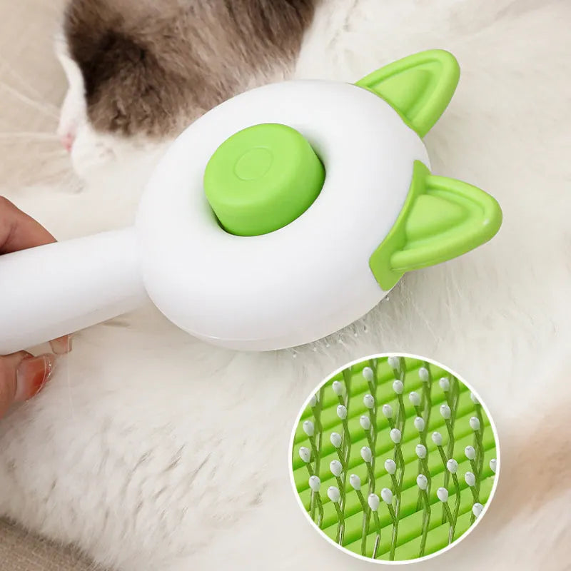 Self-cleaning pet grooming brush with stainless steel bristles and TPR massage tips in greenish white colour