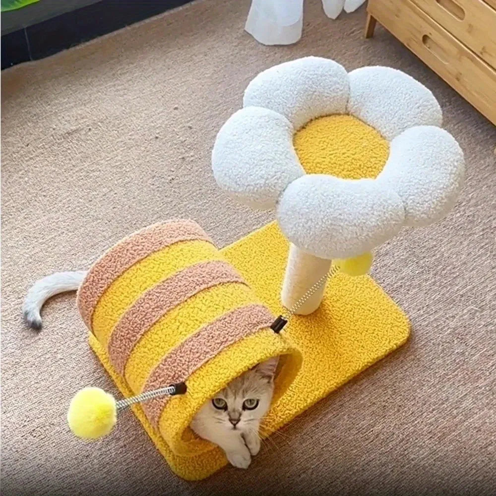 Yellow bee-shaped cat climbing frame with sisal scratching posts and a fabric tunnel.