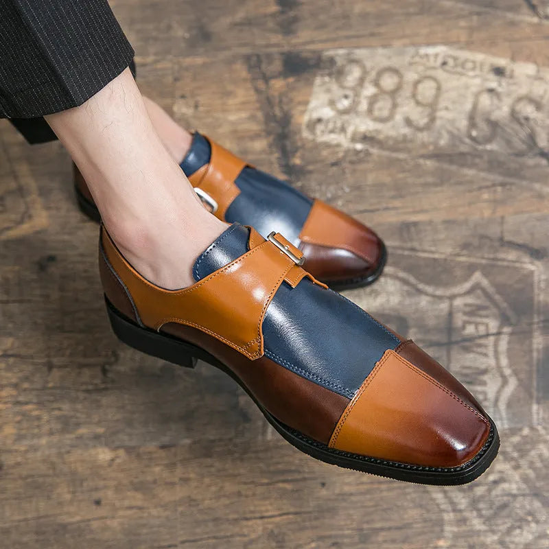Men's brown-blue retro buckle casual leather shoes with tall crown design