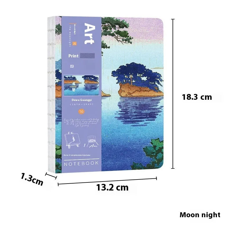 Ukiyo-e art hand ledger notebook showing Kanagawa surfing village retro cover design
