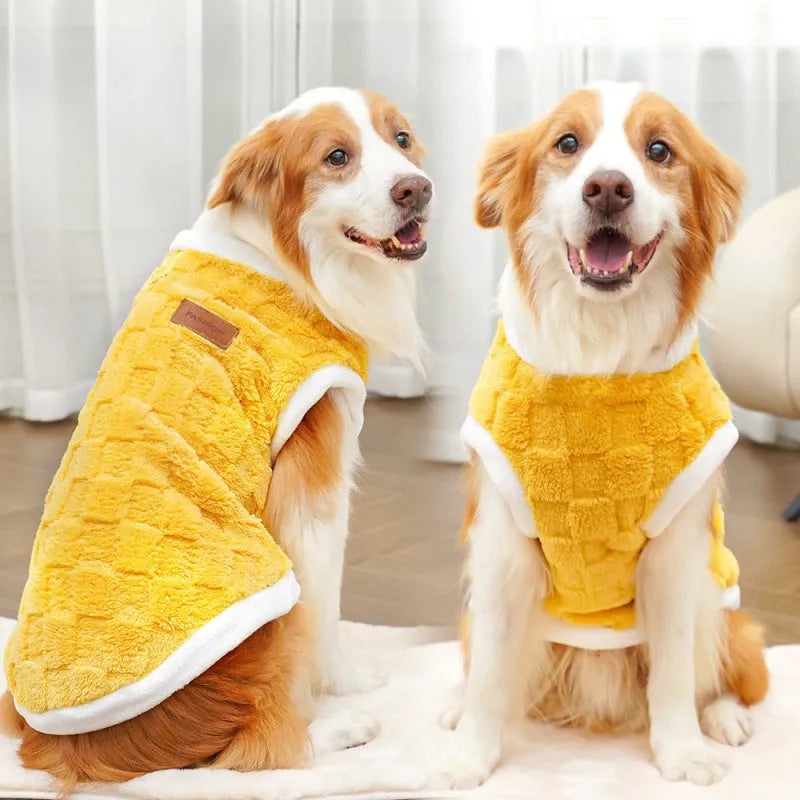 Pet autumn winter cotton clothes coral fleece jacket in brown square grid with leather tag, side view